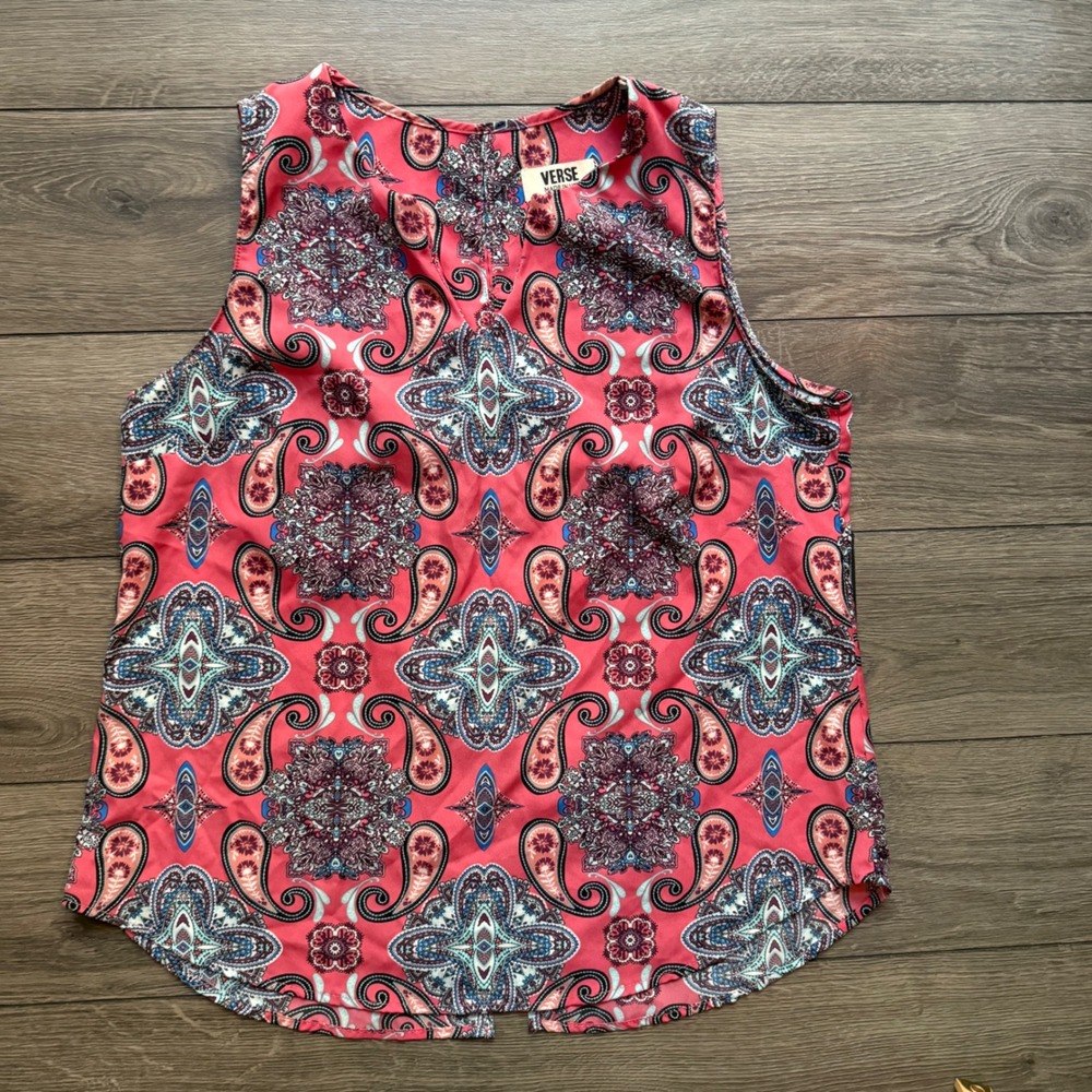 Verse Womens Pink Paisley Medallion Tank Top Sleeveless Split Back Made in USA
